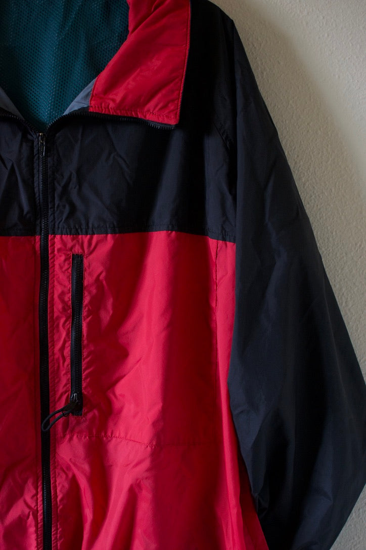 Vintage 90s Columbia Red Black Teal Windbreaker Hooded Rain Jacket