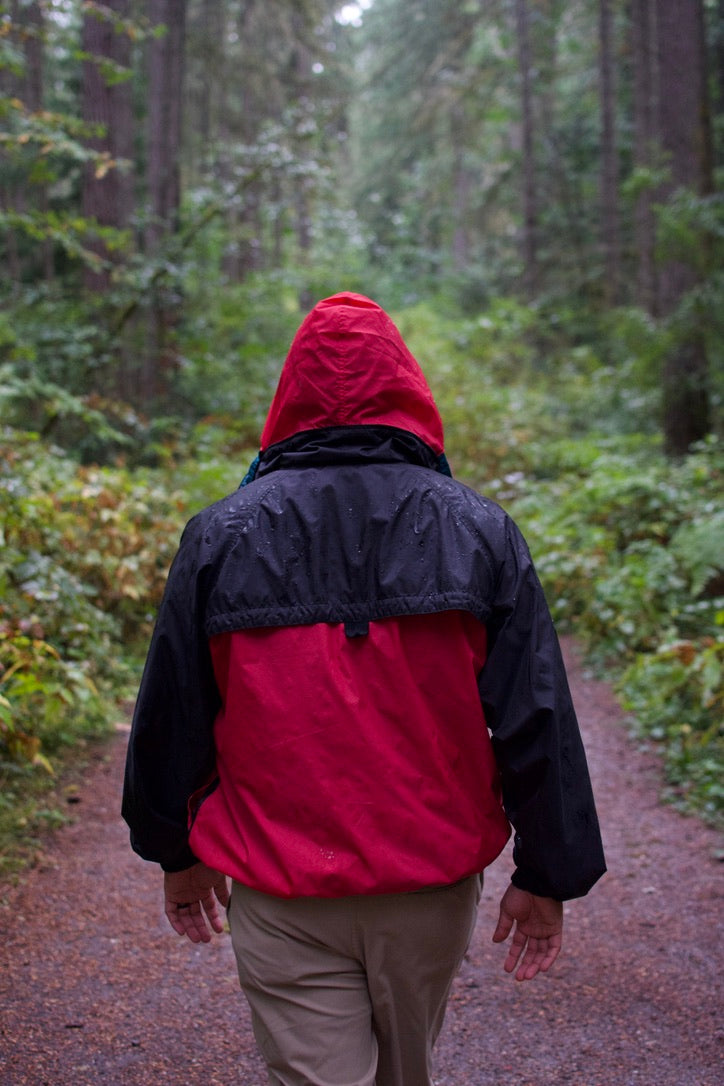 Vintage 90s Columbia Red Black Teal Windbreaker Hooded Rain Jacket