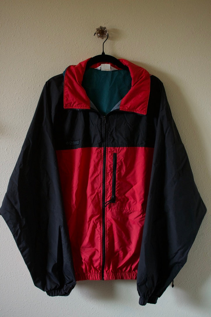 Vintage 90s Columbia Red Black Teal Windbreaker Hooded Rain Jacket