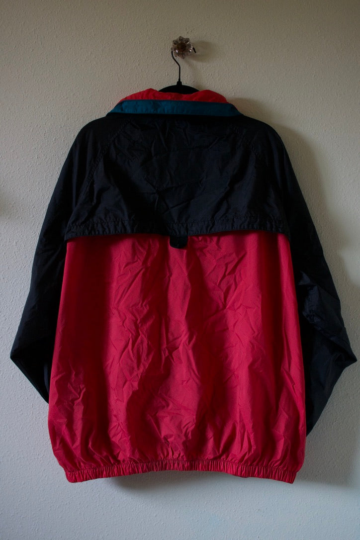 Vintage 90s Columbia Red Black Teal Windbreaker Hooded Rain Jacket